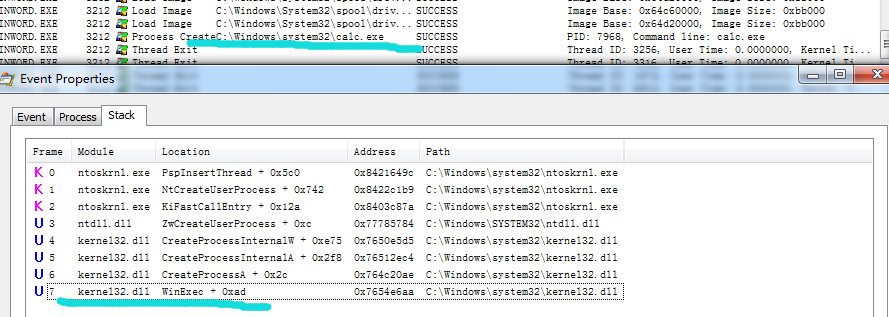 ProcMon创建calc进程堆栈